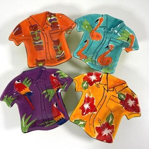Clay Art Hawaiian Shirt Plates Set of 4 Tropical Tiki Flamingo Parrot Hibiscus